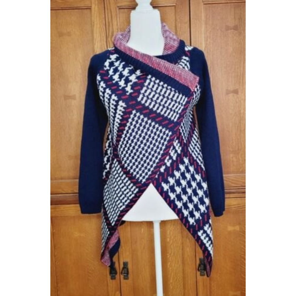 Red, White,‎ & Blue Mixed Pattern Wrap Knit Sweater Cardigan. Size XS/S